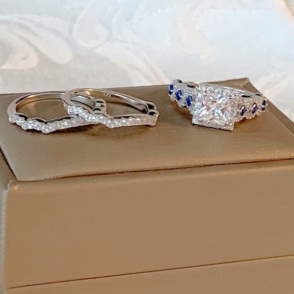 *SIZES ADDED*Three Ring Set, CZ Diamonds Sapphires - Picture 4 of 8